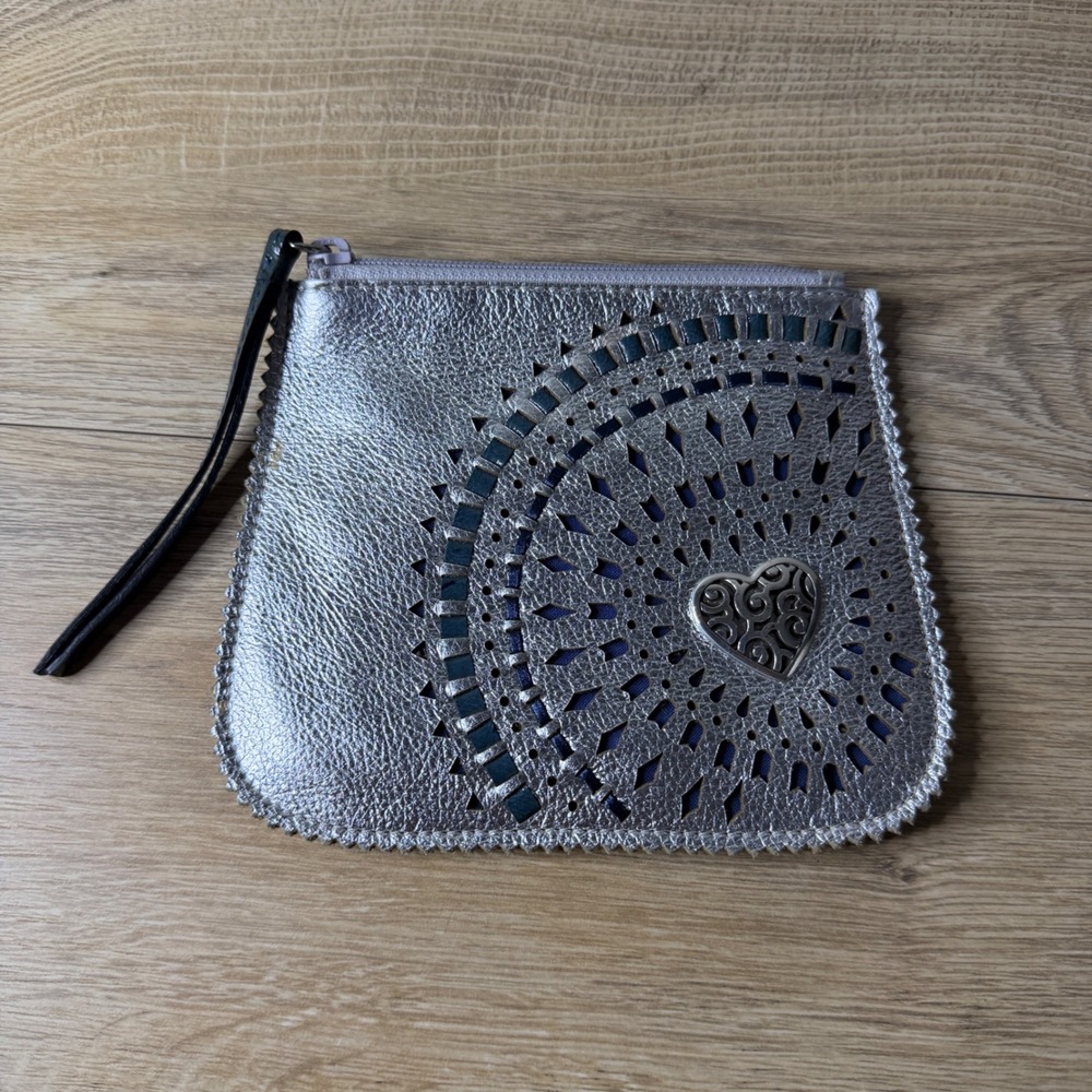 Brighton Silver Wristlet Pouch Heart Cutout Boho Festival Glam Organizer Bag